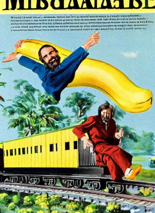 Prompt: vintage model train magazine advertisement depicting charles manson slipping on a banana peel