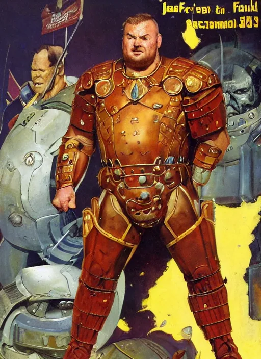 Image similar to full body and head portrait of Hafþór Júlíus Björnsson in science fiction armour, dynamic action, painted by norman rockwell and phil hale and greg staples and tom lovell and frank schoonover and jack kirby