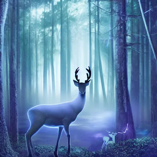 Prompt: white glowing deer standing in the middle of a forest at night, a hologram by wolfgang zelmer, featured on deviantart, magic realism, made of mist, bioluminescence, storybook illustration