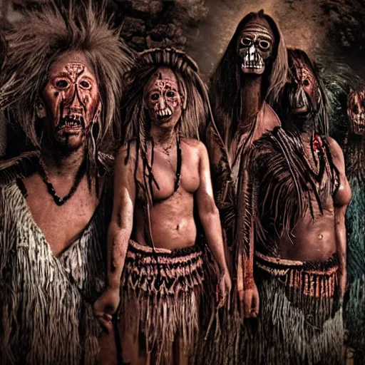 Prompt: photo of a tribal horror faces in the eternal dream of death body