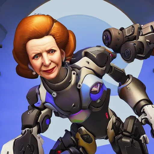 Image similar to new overwatch character, margaret thatcher, the iron lady, mech suit, hammer