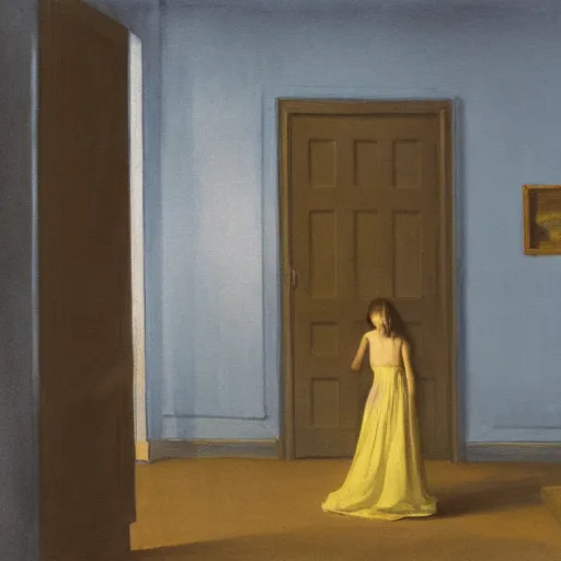 Prompt: close up of a girl in a blue and gold haunted liminal abandoned room, watercolor by edward hopper, by gottfried helnwein, by hammershøi, art noveau, highly detailed, strong lights, liminal, eerie, bright pastel colors,