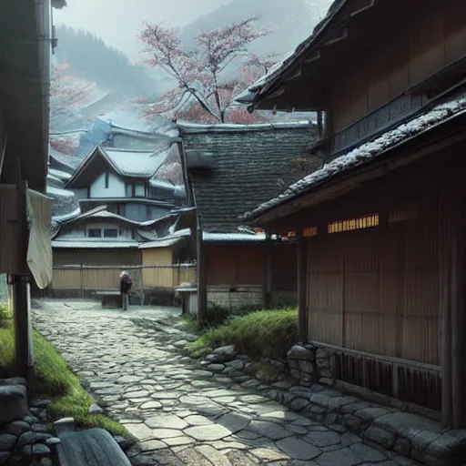 Image similar to walking around rural shirakawa - go, gifu, japan. volumetric lighting, spring late morning, nice slight overcast weather, realistic illustration, perfectly shaded, soft painting, low angle, art by krenz cushart and wenjun lin