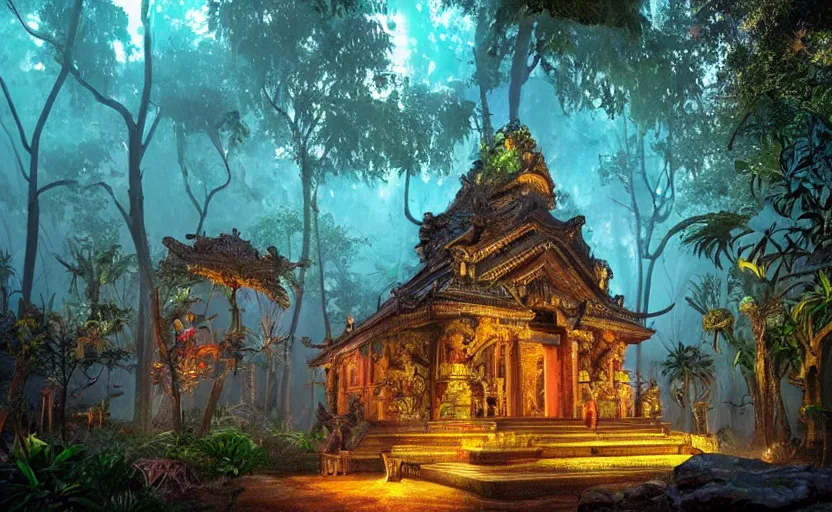 Prompt: a huge magical temple in the middle of a jungle, epic lighting