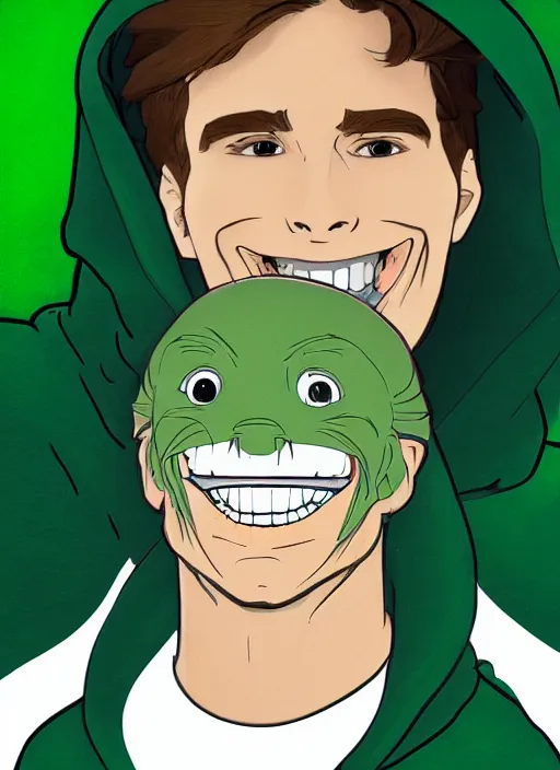 Prompt: jerma wearing a green hoodie and smiling with glowing white teeth, path traced, highly detailed, high quality, digital painting, by studio ghibli and alphonse mucha, leesha hannigan, makoto shinkai, disney