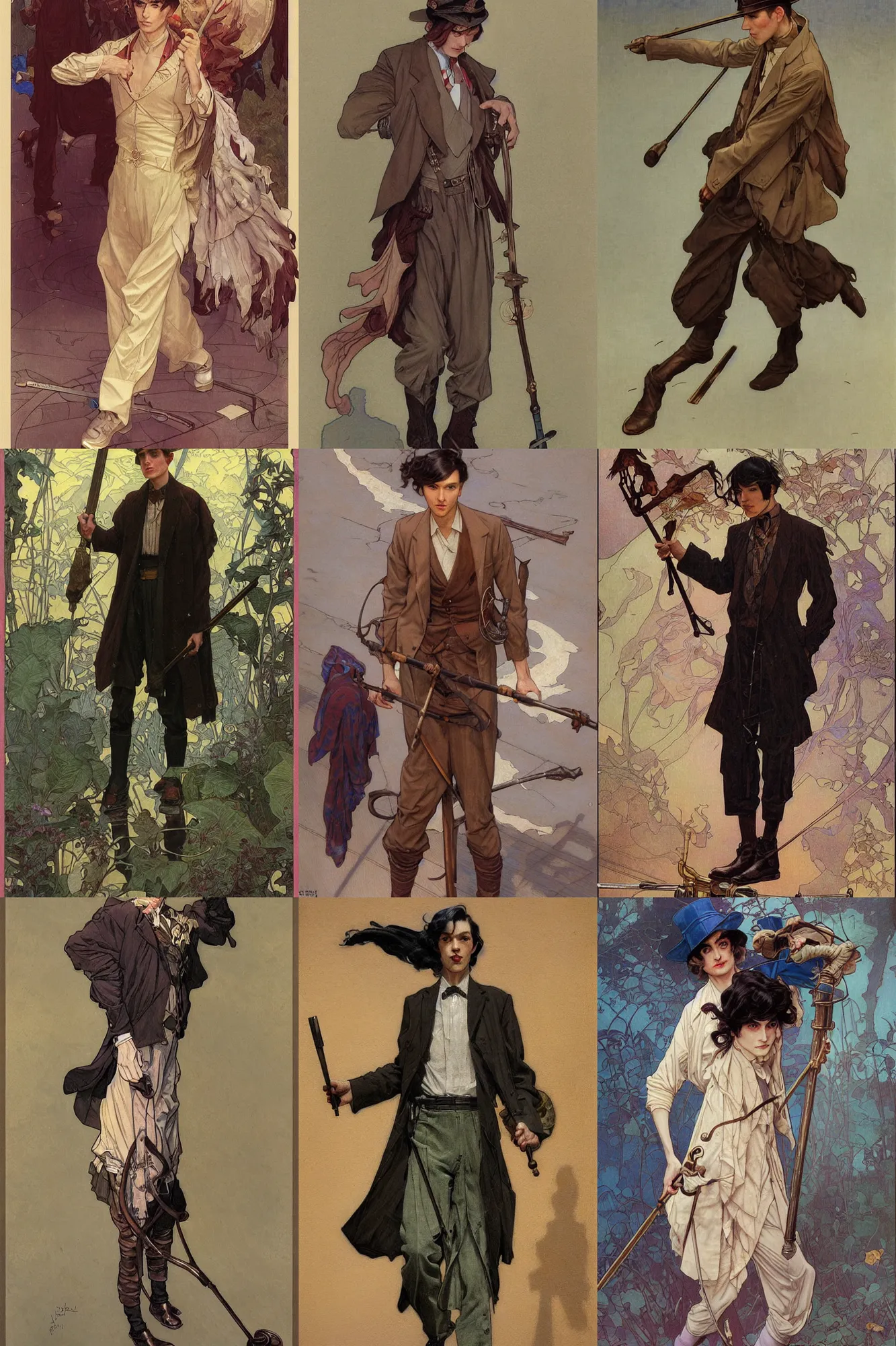 Prompt: young thin male with walking cane, long dark hair, 1 9 2 0 s clothes, fantasy, art by joseph leyendecker, donato giancola, peter mohrbacher, ruan jia, marc simonetti, ayami kojima, cedric peyravernay, alphonse mucha, thomas kinkade, victo ngai