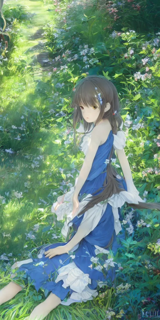 Prompt: a digital art full of atmosphere of a loli with long hair in a dress in the privet garden at after noon, green and warm theme, blue accents, low angle, back lighting, highly detailed, 4 k resolution, trending on art station, by krenz cushart and mucha and akihito yoshida and greg rutkowski and makoto shinkai