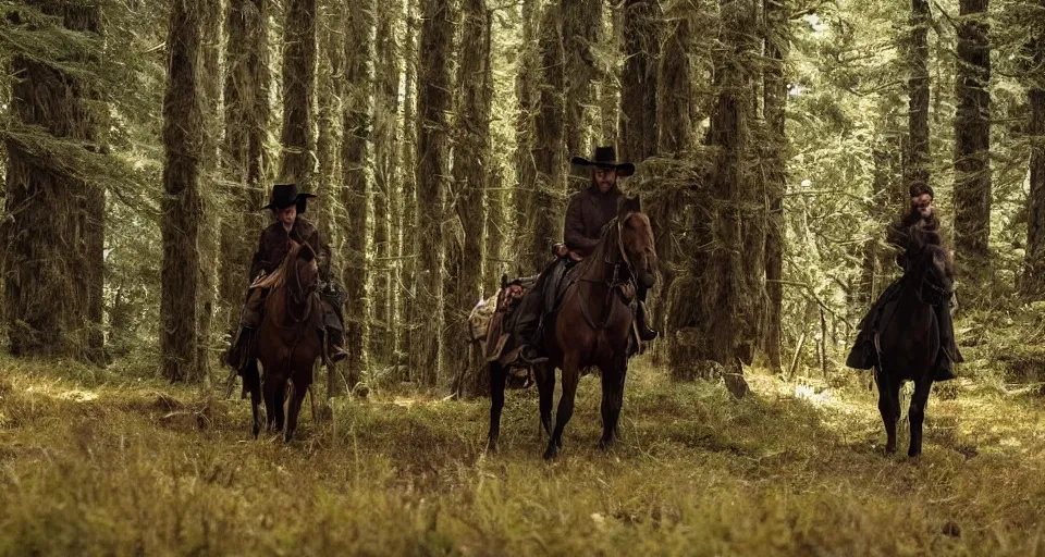 Prompt: First official image from Alejandro Landes' new western film Moss and Lead. Filmed by Jasper Wolf on ALEXA Mini, Vantage One T1 lens in Oregon's Siuslaw National Forest. Starring Gleeson. Cinematography, contrast, nighttime.