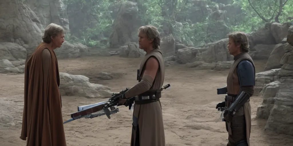 Image similar to Luke Skywalker teaches Grogu at Jedi Temple scene from the Mandalorian 2022, serene, iconic scene, stunning cinematography, anamorphic lenses, kodak film