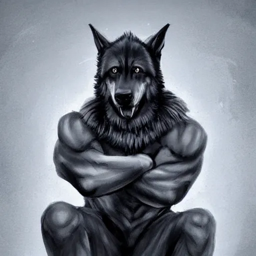 Image similar to a humanoid german shepherd beast - man, wearing gym suit, sitting on a couch, artstation, concept art, smooth, sharp foccus ilustration, artstation