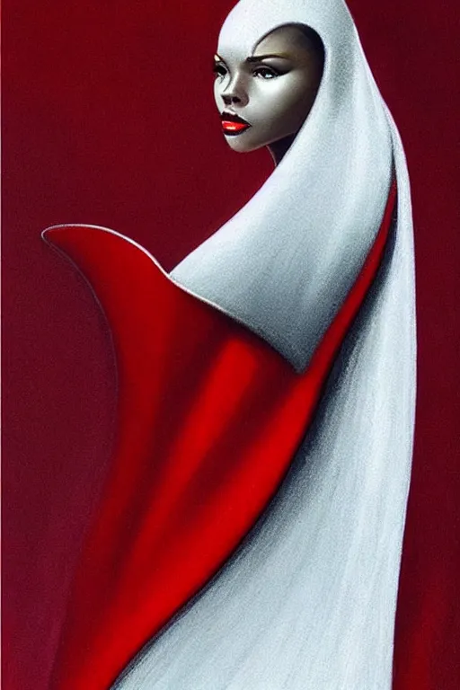 Image similar to detailed beautiful noun in opened white gold red coat, seductive confident pose, attractive feminine curves, intricate details, afrofuturism, futuristic, alien, elegant cape, elegant, photorealism, trending on artstation, holy halo, advanced technology, art by moebius and vitaly bulgarov and chanthara