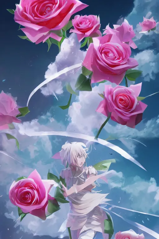 Prompt: background concept art magic invisible blades slicing through a bouquet of white and pink roses, flowers exploding and spraying, big puffy clouds, large rose petals, lotus petals, large polygonal background elements, large polygons, dramatic anime, dramatic lighting, artgerm, manga, trending on artstation, marco bucci, mature colors