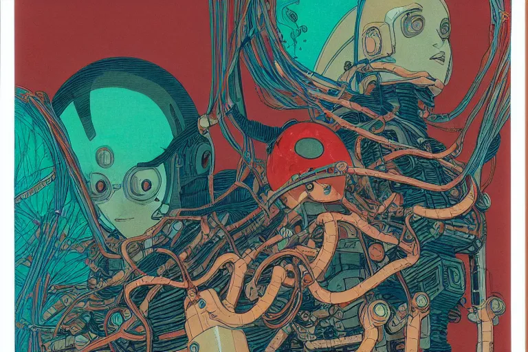 Prompt: risograph grainy drawing vintage sci - fi, satoshi kon color palette, gigantic gundam full - body covered with human bodies and wires, with lot tentacles, vermilion color, codex seraphinianus painting by moebius and satoshi kon and dirk dzimirsky close - up portrait