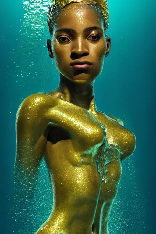 Image similar to hyperrealistic cinematic half underwater scene with fish and algae, very expressive! translucent elegant african goddess getting out of water, gold jewerly, highly detailed face, digital art masterpiece, aykut aydogdu zener, dramatic volumetric light, long shot, low angle uhd 8 k, sharp focus