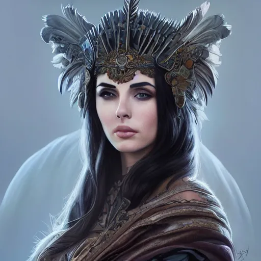 Prompt: an attractive young tattooed north female with piercings wearing an raven feathered helmet, elizabeth taylor, olive skin, long dark hair, beautiful bone structure, intricate, elegant, highly detailed, digital painting, artstation, concept art, smooth, sharp focus, illustration, art by artgerm and greg rutkowski and alphonse mucha