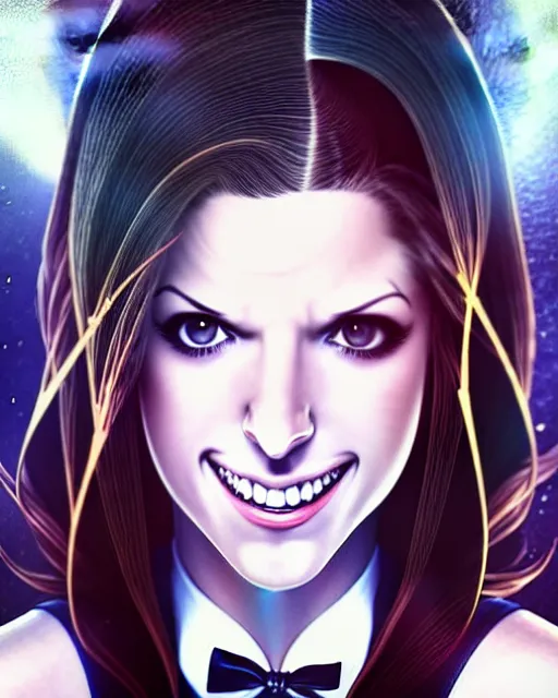 Image similar to ultra realistic, beautiful Anna Kendrick Zatanna DC Comics waist up floating, on stage, symmetrical face symmetrical eyes, smiling, modern anime, fantasy, eerie, intricate details, atmospheric, elegant, super highly detailed, professional digital painting, artstation, concept art, 8k, art by artgerm and eiichiro oda and koyoharu gotouge