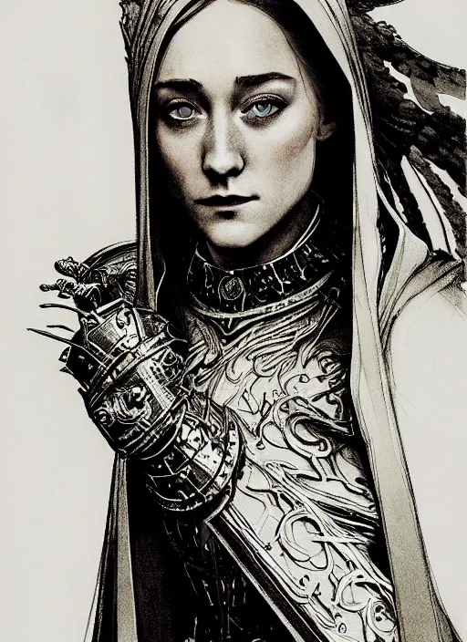 Prompt: pen and ink portrait of saoirse ronan as archangel gabriel wearing battle armor looking for camera, glamorous majestic pose, fantastically fierce, highly detailed, black and white, desaturated colors, smooth, intricate line drawings, by craig mullins, wlop, ruan jia, kentaro miura, styled by john howe and allan lee, greg rutkowski, loundraw