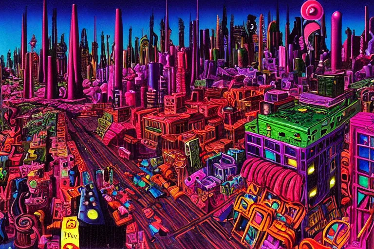 Image similar to surreal colorful nightmarish cityscape, artwork by ralph bakshi