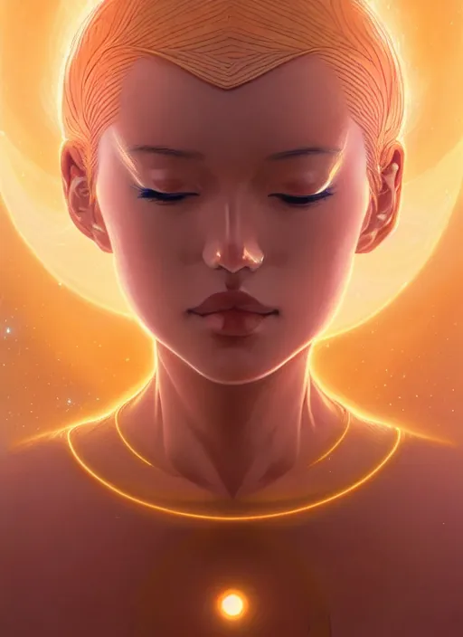 Image similar to a golden woman 2/3 figurative anime portrait, in space, head breaking apart and spiraling geometry into the sky upwards into another dimension, lazer light beaming down to top of her head, by james jean, artgerm, featured in artstation, elegant, Moebius, Greg rutkowski