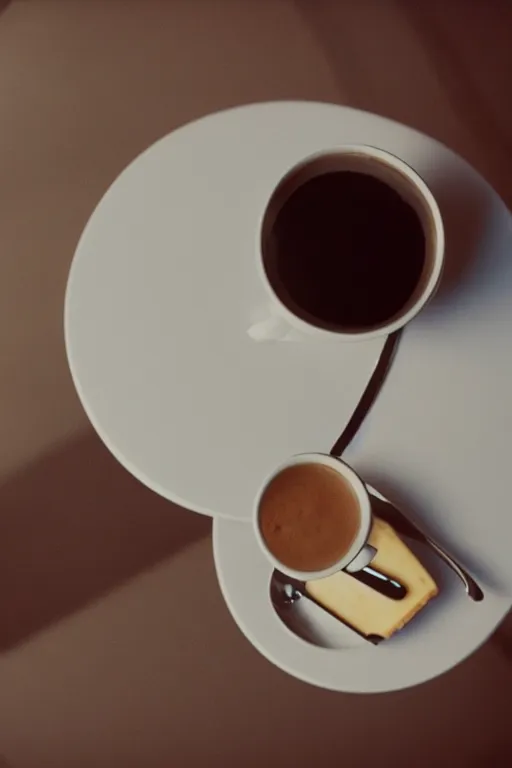 Image similar to a cup of coffee sitting on top of a white table diner booth, high angle, a hyperrealistic photo by IAN SPRIGGS, flickr, conceptual art, photo taken with ektachrome, photo taken with provia, kodak portrait