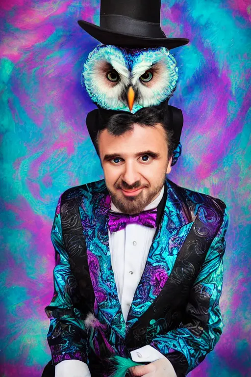 Prompt: background pastel, swirling kobalt blue and rich purple, owl wearing black biker jacket, portrait photo, backlit, studio photo, suit, bow tie, tophat, tophat