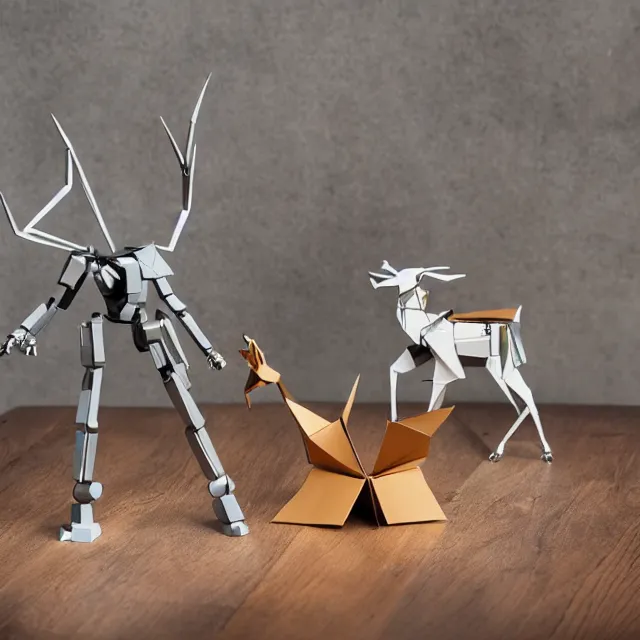 Image similar to a photograph of a deer origami and a robot mecha origami on top of a wooden table