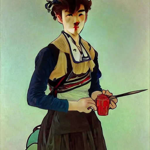 Image similar to full body painting of grumpy handsome thin beautiful young man in his 2 0 s named min - jun in a modest french female maid outfit, modern clothing, elegant, clear, painting, stylized, sharp facial features, pouty, highly detailed, art, art by alphonse mucha