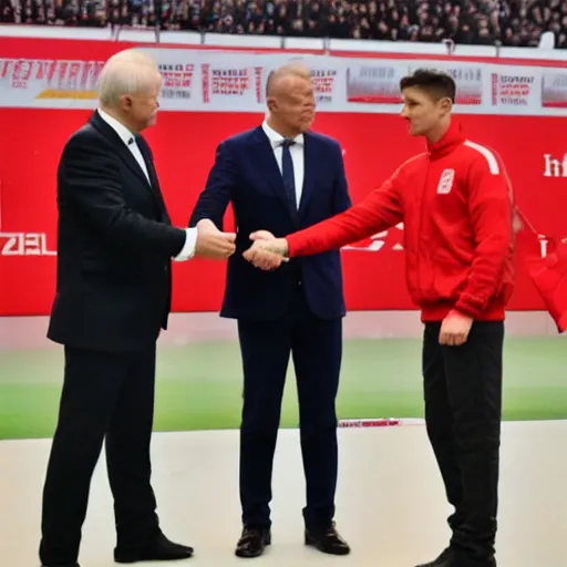 Image similar to jarosław kaczynski shaking hands with robert lewandowski