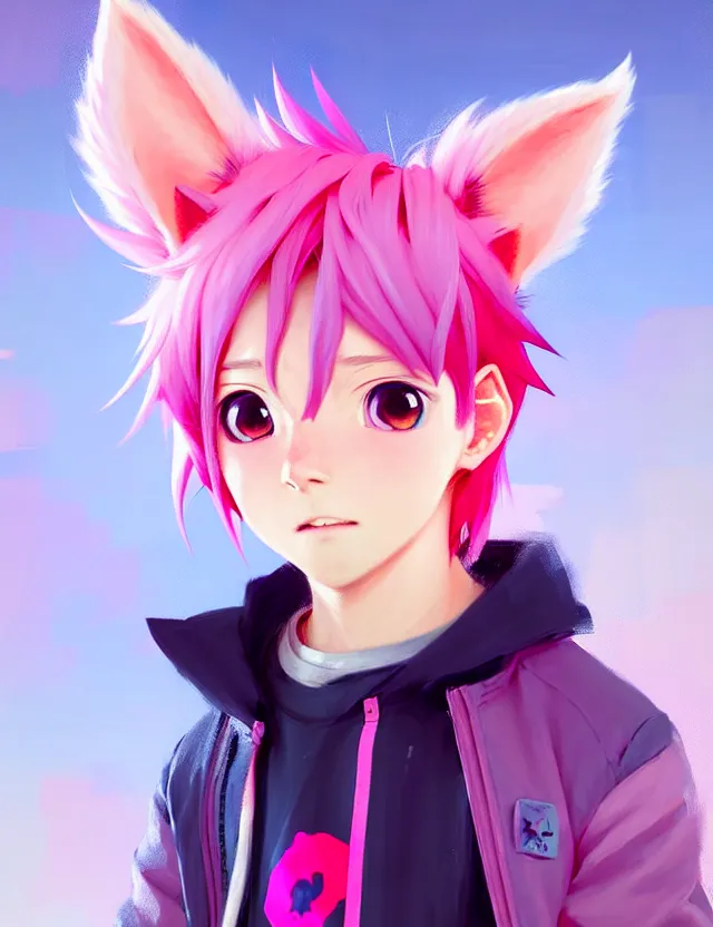 Image similar to portrait of a cute anime boy with pink hair and pink wolf ears and pink wolf tail wearing stylish clothes | | highly detailed digital art painting by ruan jia, cory loftis, jeremy mann. artstation, pinterest, volumetric lighting, subsurface scattering, photorealistic, octane render, random artists