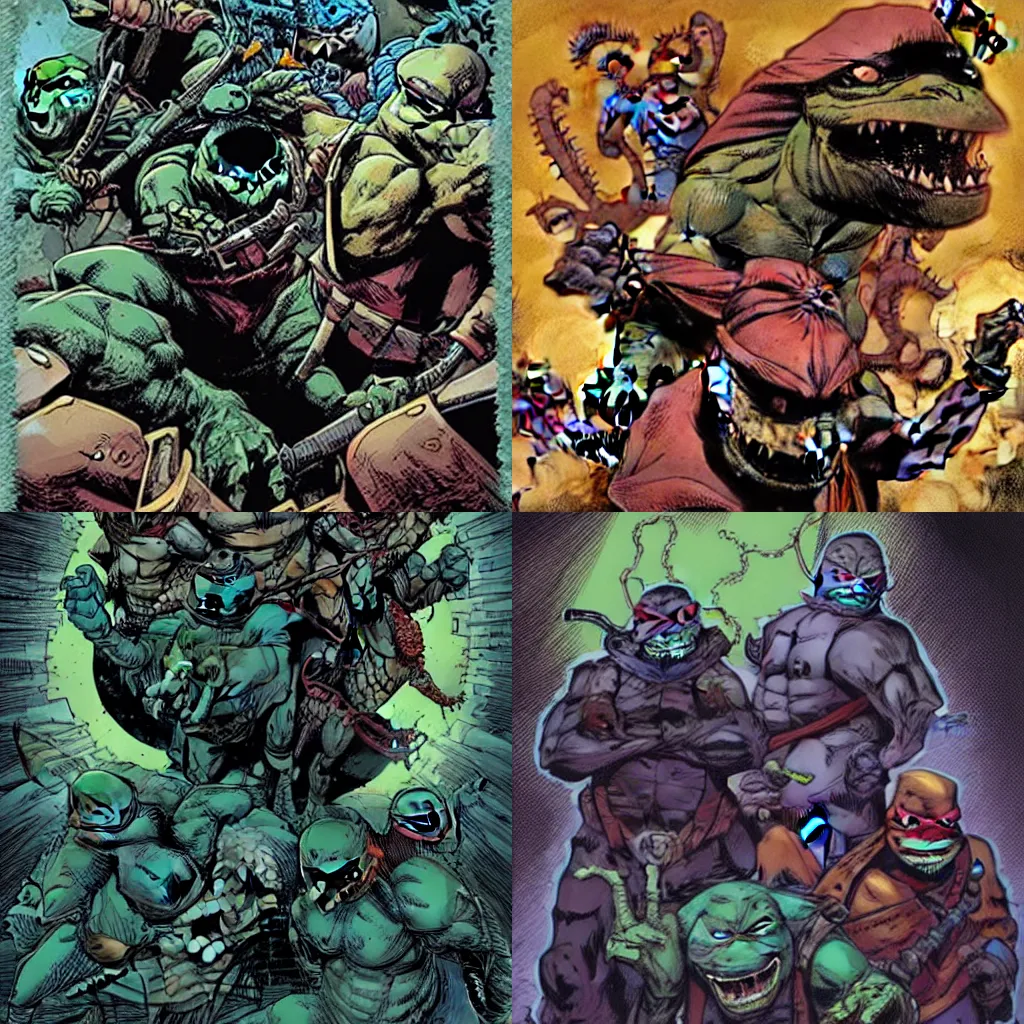 Prompt: in the style of Steve Niles comic art and Rafael Albuquerque comic art, teenage mutant ninja turtles as lovecraftian creatures, sharp teeth, dark scary spooky, violent