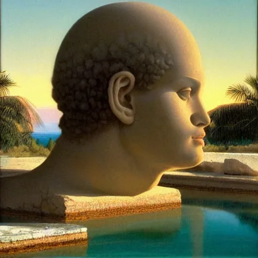 Image similar to David Ligare masterpiece, hyperrealistic surrealism, award winning masterpiece with incredible details, epic stunning, infinity pool, a surreal vaporwave liminal space, highly detailed, trending on ArtStation, broken giant marble head statue ruins, calming, meditative, geometric liminal space, palm trees, very vaporwave, very very surreal, sharp details