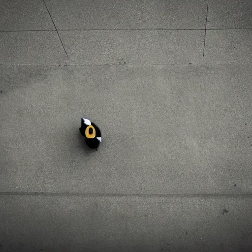 Image similar to A duck staring at a homeless person, cinematic, professional photography, taken from above