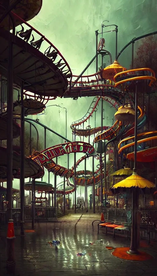 Prompt: michal karcz grunge painting of an amusement park. , monster theme, detailed, elegant, intricate, 4k,