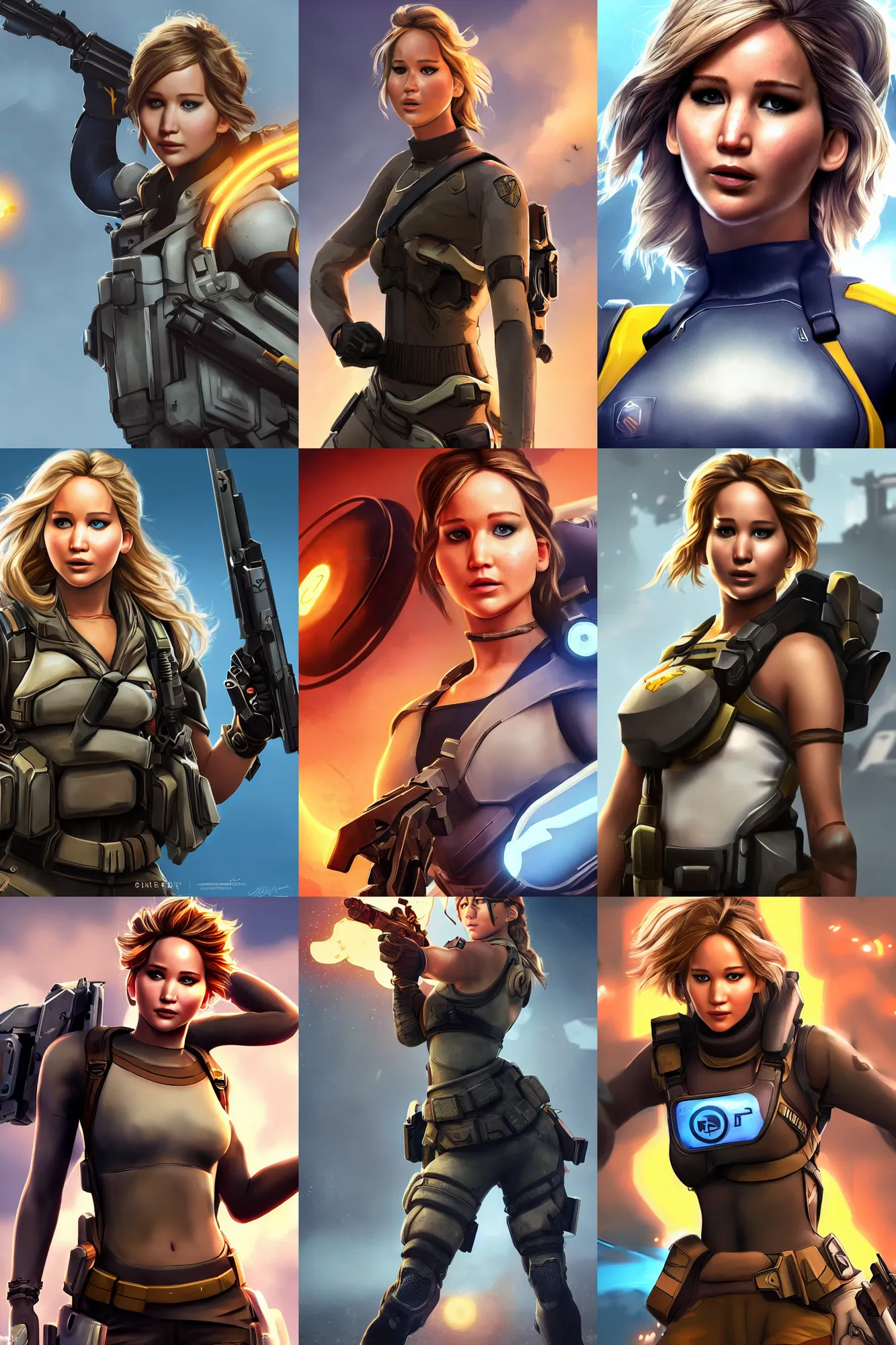 Prompt: jennifer lawrence as an overwatch hero, tank class, character art, cinematic, portrait closeup