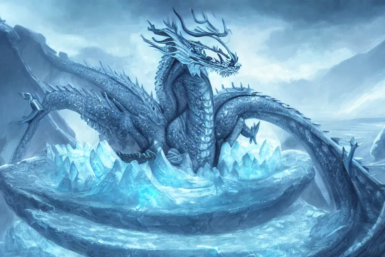 Prompt: frozen dragon in a giant throne of ice, mystical, digital painting, mixed media, trending on artstation and deviantart, epic composition, highly detailed, 8 k