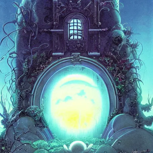 Prompt: gate portal with another world visible inside style studio ghibli and Gerald Brom, pixies flyng, dreamy, mystical, dark, fantasy