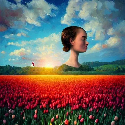 Image similar to girl with a giant tulip head, surreal photography, flower field, sunset dramatic light, impressionist painting, colorful clouds, blue sky, digital painting, artstation, simon stalenhag