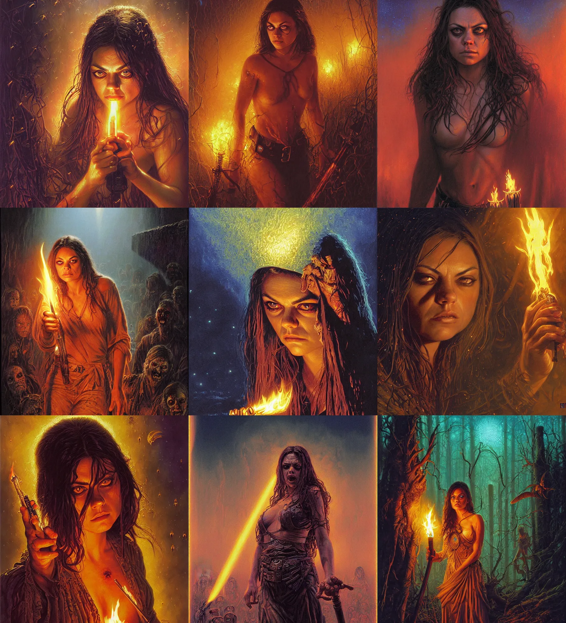 Prompt: priestess mila kunis action close - up portrait as zombies storm in, fog, fireflies, torch light, donato giancola, tim hildebrandt, wayne barlow, bruce pennington, larry elmore