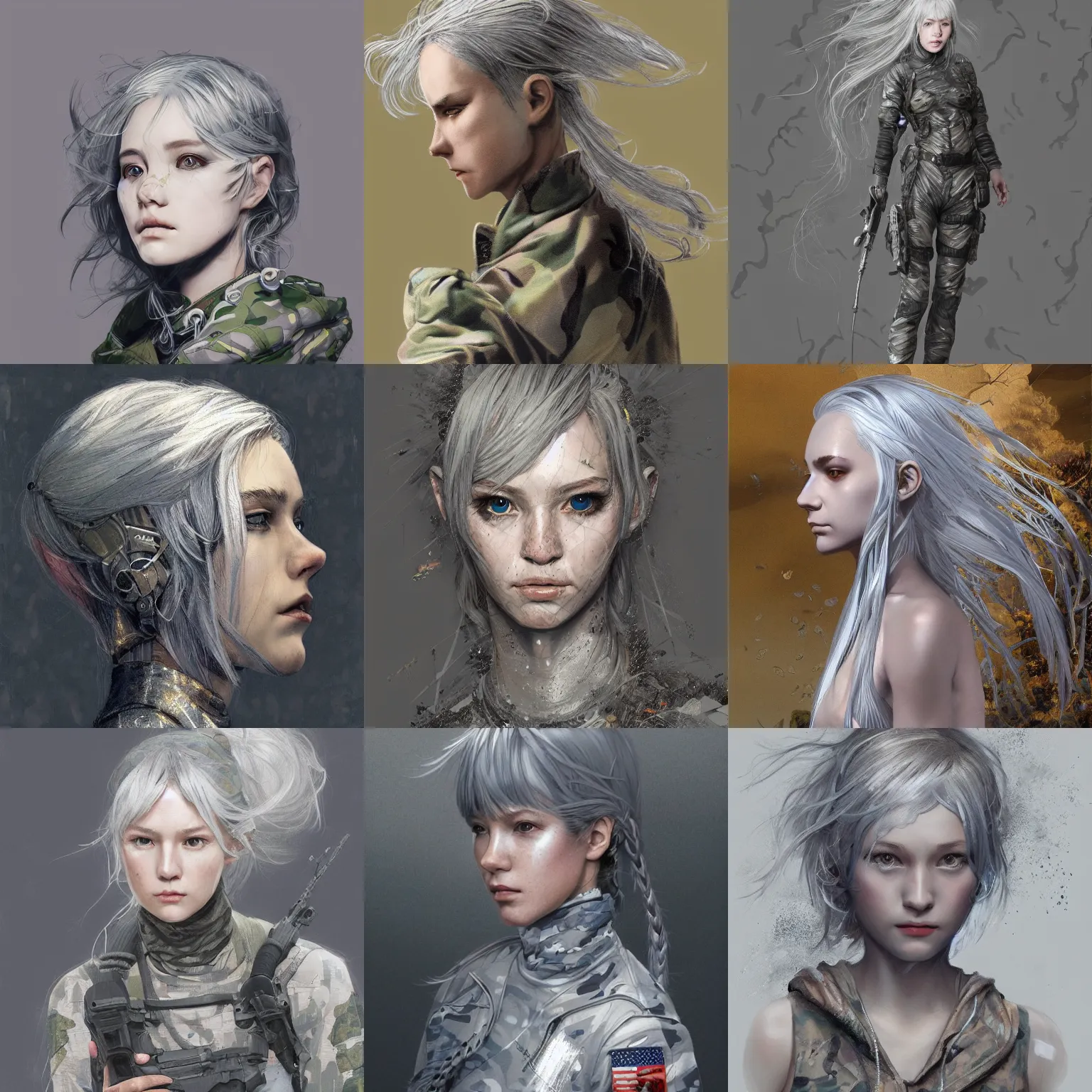 Prompt: silver hair girl, multicam (camo), trending on artstation, detailed, cinematic portrait, ilustration by Yoann Lossel and Takehiko Inoue