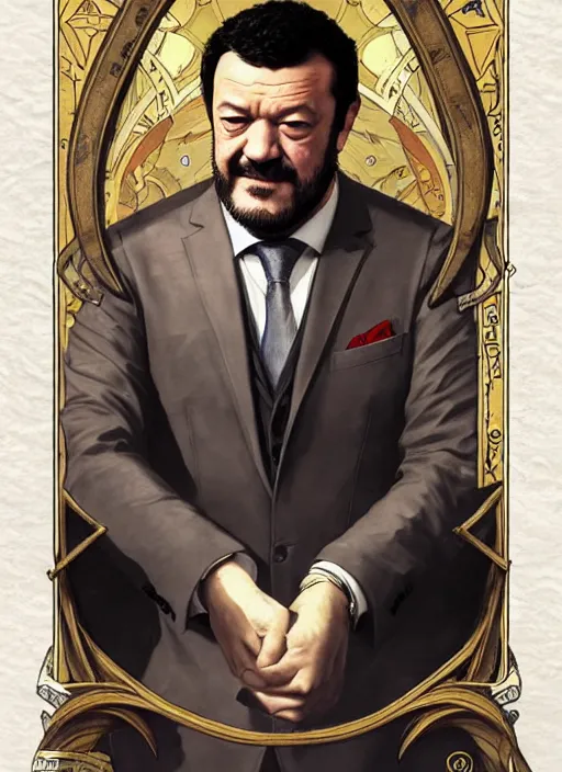 Image similar to matteo salvini, wearing a suit, tarot card, deep focus, d & d, fantasy, intricate, elegant, highly detailed, digital painting, artstation, concept art, matte, sharp focus, italian flag, illustration, hearthstone, art by artgerm and greg rutkowski and alphonse mucha