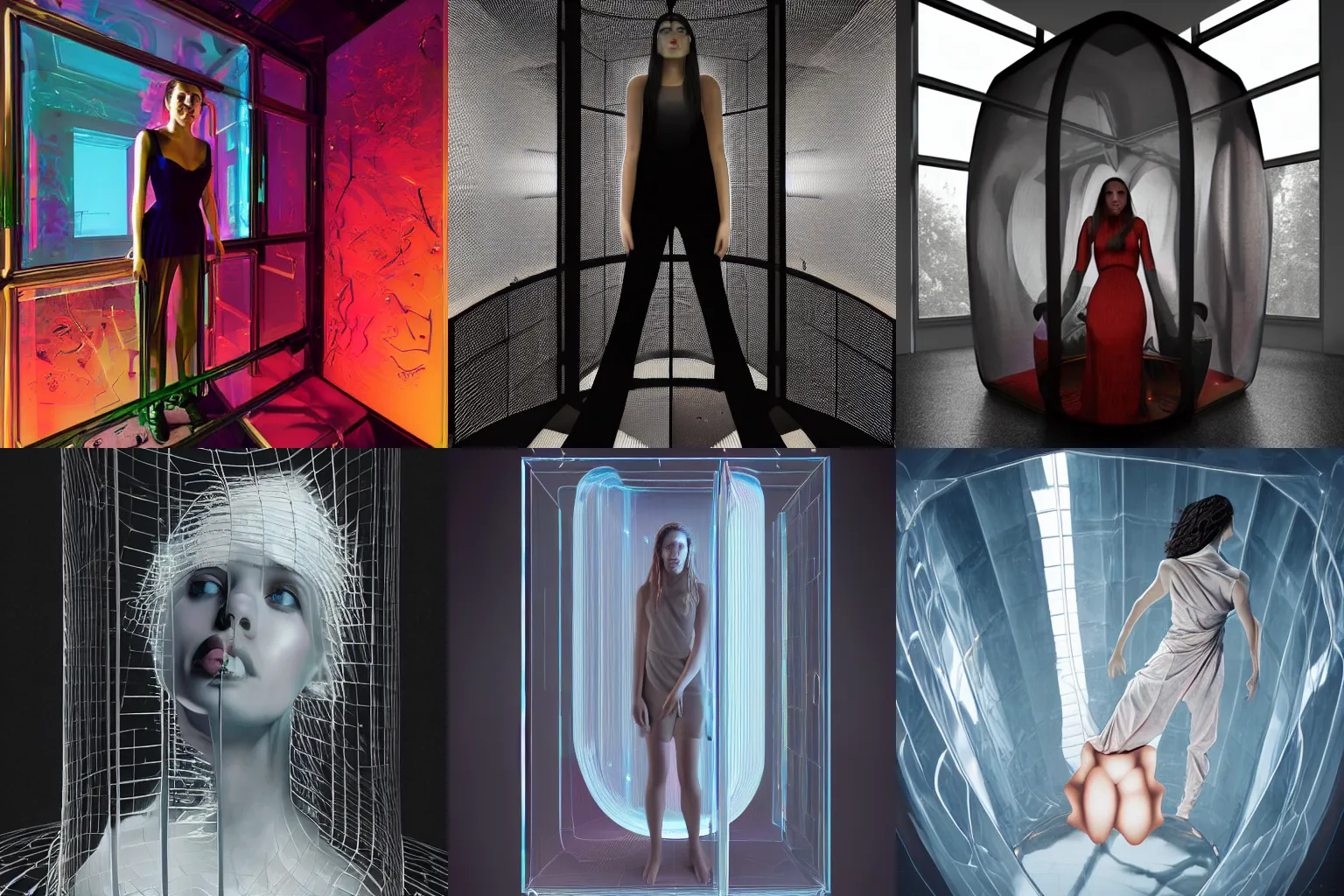 Prompt: A stunning young woman imprisoned inside a three-dimensioinal glass cube, Fantasy, hyperrealism, 4k, volumetric lighting, three dimensions, spaghettification, a digitally transformed world, user interface design, 3D modeling, artstation, illustration, and transportation design. art by Andrew Chiampo, Frederik Heyman and Jonathan Zawada