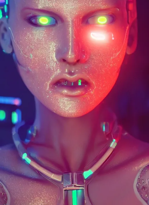 Image similar to a sensual caucasian female humanoid with freckles cheek, cyber neon lighting, futurism, intricate futuristic jewelry accessories, cyberpunk high fashion bikini, profile posing, hyper photorealistic, crispy quality, digital photography, trending in artstation, trending in pinterest, cinematic, 4 k ultra hd, art by pascal blanche, art by greg rutkowski,
