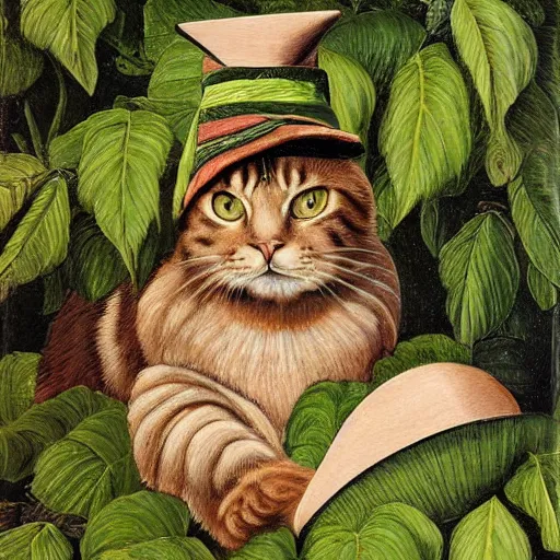 Prompt: a reneissance painting of a maincoon cat among big green leaves wearing a bishop hat, very detailed, in the style of mantegna