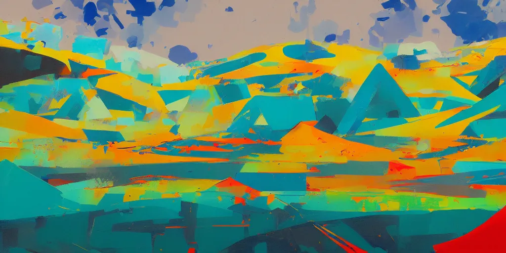 Image similar to abstract landscape painting at noon by james jean and David Schnell painted in no mans sky style