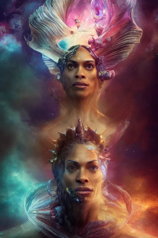 Prompt: mysterious detailed cgi matte painting of a rosario dawson the space empress of the andromeda, by ellen jewett, alessio albi | symmetrical features, photorealism, stunning, ornate, royally decorated, organic, growth, whirling gasses, glowing particles, refractive adornments, colorful torn nebulas, radiant vibrant colors