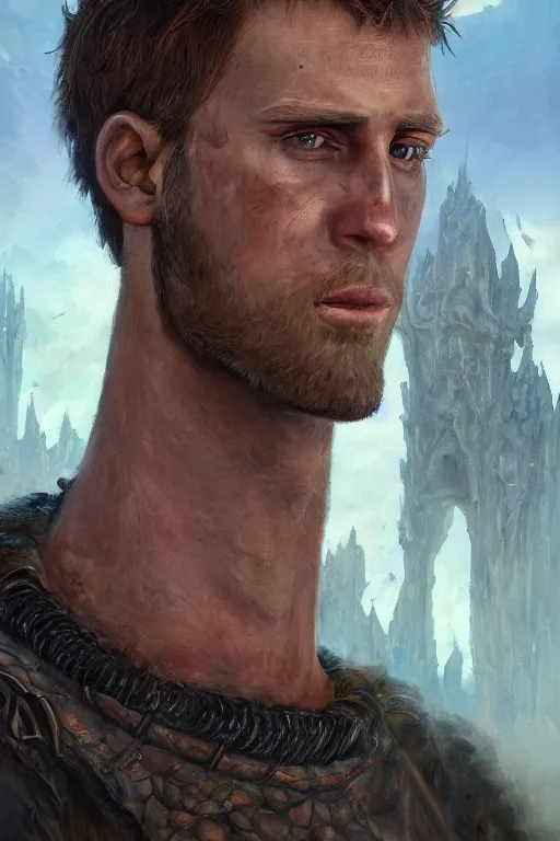 Image similar to a full body high detail fantasy portrait oil painting illustration of rob roflgator maleki by justin sweet with face and body clearly visible, in a scenic background, pretty eyes, realistic proportions, d & d, rpg, forgotten realms, artstation trending, high quality, sombre mood, artstation trending, muted colours, entire person visible!