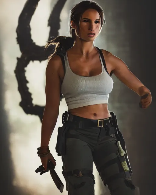 Prompt: An extremely beautiful studio photo of Lara Croft surrounded by her enemies, bokeh, 90mm, f/1.4