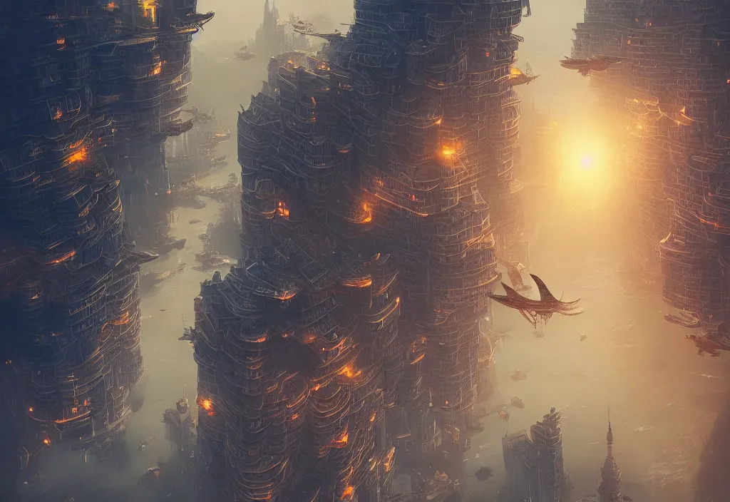 Image similar to flying dragon city by alena aenami, zeppelin dock, city flying in the air, mist below buildings, steampunk, looking from below, digital art, 4 k, trending on artstation, epic composition, highly detailed, golden hour