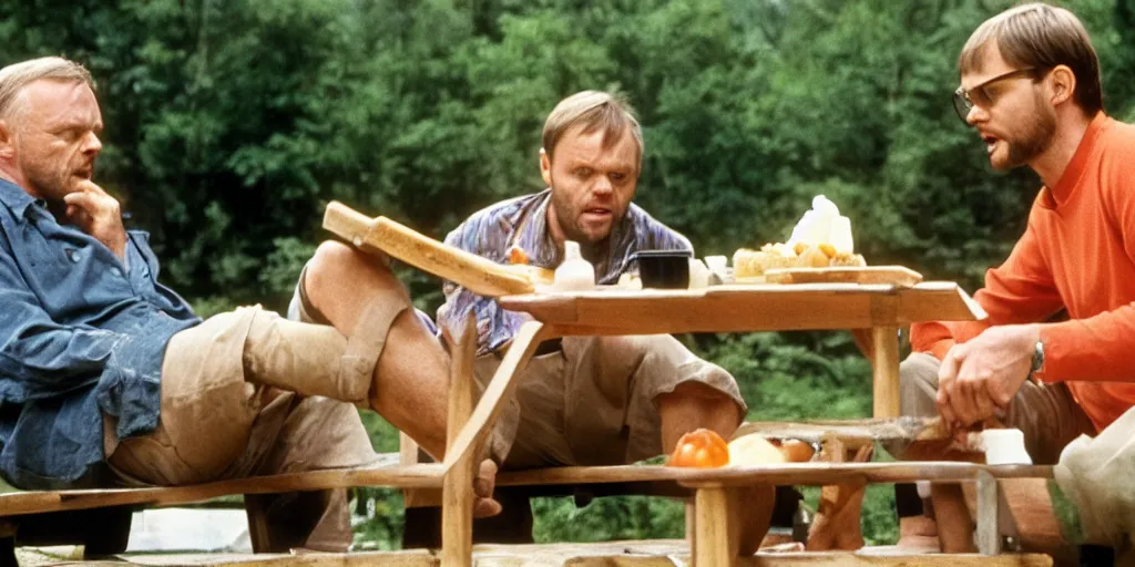 Image similar to photo of anthony hopkins and jeffrey dahmer sitting at a picnic table eating delicious fruit, hd