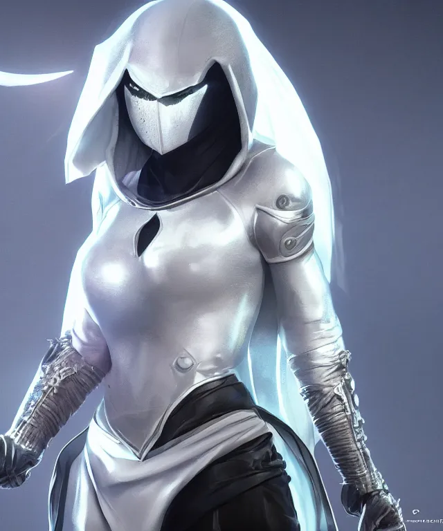 Image similar to female moon knight, hyper detailed, digital art, trending in artstation, cinematic lighting, studio quality, smooth render, unreal engine 5 rendered, octane rendered, art style by johames vemeer